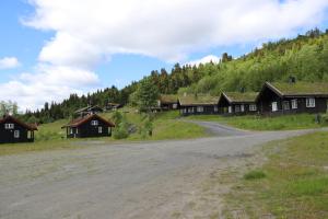 una strada sterrata di fronte a un villaggio con case di Gamlestølen Fjellstue a Etnedal