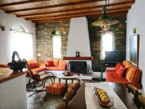 a living room with a couch and a fireplace at Laggades Relaxing House in Tinos