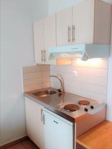 a small kitchen with a sink and a stove at Evita's Studios in Loutra Edipsou