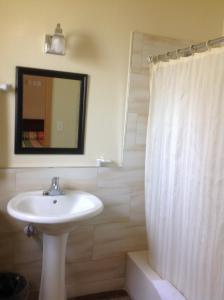 a bathroom with a sink and a shower curtain at Sunshine Inn of Daytona Beach in Daytona Beach