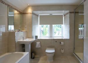 bagno con lavandino, servizi igienici e finestra. di Macdonald Forest Hills Hotel & Spa ad Aberfoyle