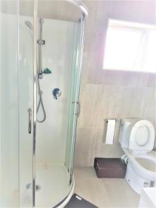 a bathroom with a shower and a toilet at Sylvia Park House in Auckland