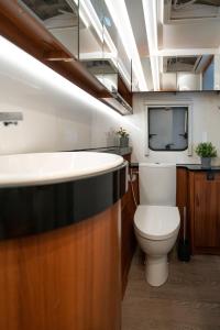 a bathroom with a toilet and a sink and a tv at Bergwelt-M - Scheunencamping in Schröcken