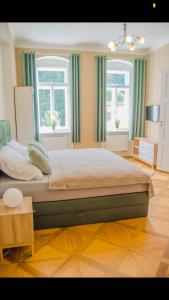 a bedroom with a large bed and two windows at Apartment Vertigo in Karlovy Vary