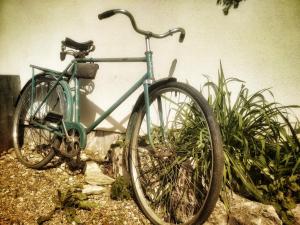 uma bicicleta azul estacionada ao lado de uma parede em SRDEČNÁ - rodinný penzion a restaurace em Nový Přerov