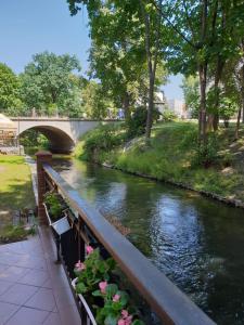 un puente sobre un río con flores rosas en Kamienica Górna 7 en Olsztyn