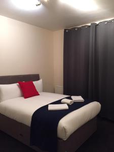 ein Schlafzimmer mit einem Bett mit einem roten Kissen und einem Vorhang in der Unterkunft Marble Apartments Tooting House in London