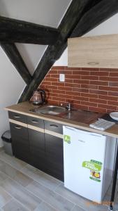 a small kitchen with a sink and a refrigerator at Penzion Sklář in Nový Bor