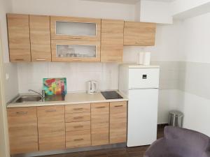 a small kitchen with wooden cabinets and a white refrigerator at Apartments M&E in Mokošica