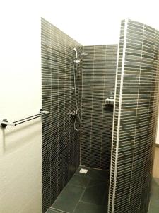 baño con ducha de azulejos negros en Le Calao du Lac Rose en Niaga