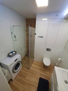 La salle de bains est pourvue d'une douche, de toilettes et d'un lavabo. dans l'établissement Meta 20, à Mielno