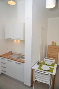a white kitchen with a counter and a sink at Le Clos des Salins in Toulouse
