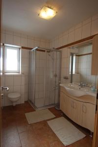 a bathroom with a shower and a sink and a toilet at Ferienhaus Lena in Oetz +17 photos