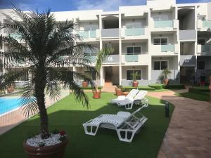 palma i dwa leżaki przed budynkiem w obiekcie Nice and sunny apartment w Corralejo