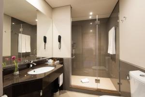 La salle de bains est pourvue d'un lavabo et d'une douche. dans l'établissement Vila Gale Collection Elvas, à Elvas