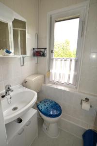 a bathroom with a sink and a toilet and a window at Ferienhaus Hüfler 59 in Kelbra