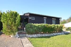 a black house with bushes in front of a yard at Ferienhaus Hüfler 59 in Kelbra