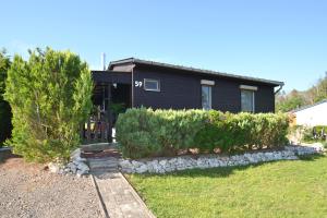 a black house with bushes in front of a yard at Ferienhaus Hüfler 59 in Kelbra +9 photos
