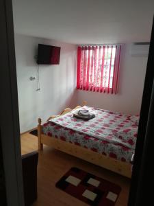 a small bedroom with a bed and a window at Vila Andre in 2 Mai