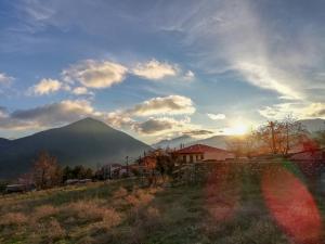 a house in a field with a mountain in the background at Valentini Guesthouse in Karpenisi