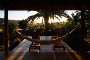 una hamaca en un porche con 2 sillas y palmeras en Finca Arbequina, en Pájara