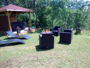 un grupo de sillas y una mesa en el césped en Domaine des cigales, gîte Les cèdres, en Saint-Martin-dʼAoût