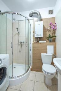 W łazience znajduje się prysznic, toaleta i umywalka. w obiekcie Sleepy3city Slaska 31 w mieście Gdynia