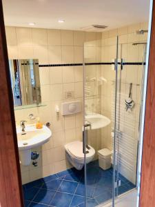a bathroom with a toilet and a sink and a shower at Ferienwohnung Seeblick - Insel Usedom in Balm +40 photos