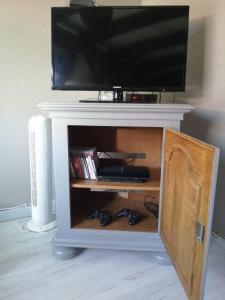 a tv on top of a fireplace with a tv on top at Gîte Les papillons in Ribeauvillé