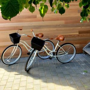 deux vélos garés l'un à côté de l'autre contre un mur dans l'établissement Marram, à Montauk