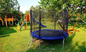 a playground with a trampoline in the grass at Domki LaPlata na Kaszubach in Wiele