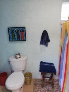 a bathroom with a toilet and a painting on the wall at Mayan Bungalow Near Chichén in Chichén-Itzá