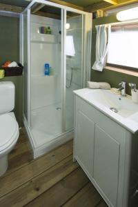 ein Bad mit einer Dusche, einem Waschbecken und einem WC in der Unterkunft Camping Mare Monti in Sestri Levante