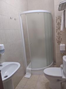 a bathroom with a shower and a toilet and a sink at 12 Months Mini Hotel in Odesa