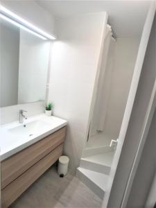 La salle de bains blanche est pourvue d'un lavabo et d'un miroir. dans l'établissement Loft Marina direct plage, à Villeneuve-Loubet