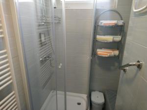 a bathroom with a shower with a toilet and a sink at Center Una Apartment in Bihać +34 photos