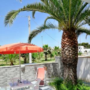 a palm tree sitting next to a table and an umbrella at Residence Le Palme in Marina di Mancaversa