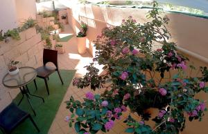 a patio with a bunch of flowers and a table and chairs at Be Inn in Salerno