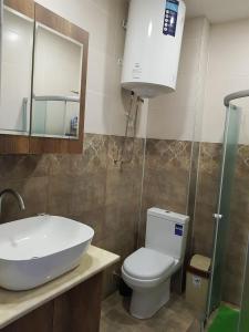 La salle de bains est pourvue d'un lavabo, de toilettes et d'un miroir. dans l'établissement Жемчужина Уреки, à Ureki