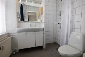 
a bathroom with a toilet, sink, and mirror at Hotel Bethel in Copenhagen
