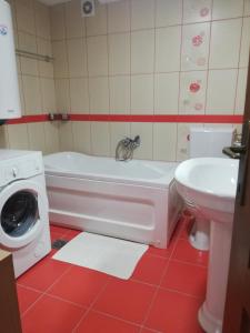 ein Badezimmer mit einer Badewanne und einer Waschmaschine in der Unterkunft Apartments Šćepanović in Kolašin