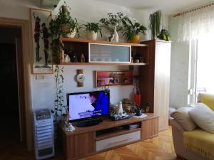 a living room with a television on a wooden entertainment center at Cuore di Umago in Umag