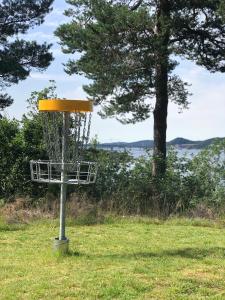 een frisbee golf goal in een veld met een boom bij Ansgar Summerhotel in Kristiansand