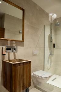 a bathroom with a shower and a toilet and a mirror at Boulevard Center 92 in Pristina
