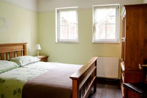 1 dormitorio con 1 cama grande y 2 ventanas en Guesthouse & Apartments PRI STANI, en Žerovnica