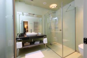 Zum Löwen Design Hotel Resort & Spa في دودرشتات: حمام مع حوض ودش زجاجي