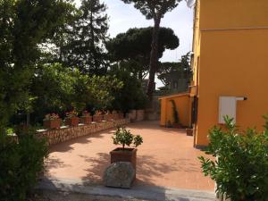 une cour avec des plantes en pot et un bâtiment dans l'établissement La Villetta Apartments, à Castel Gandolfo