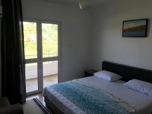 1 dormitorio con 1 cama y puerta corredera de cristal en Apartaments Queen, en Ulcinj
