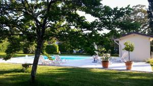 a pool with chairs and a tree in a yard at La Jouissiere in Soulignac