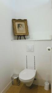 a bathroom with a toilet and a picture on a shelf at La Jouissiere in Soulignac